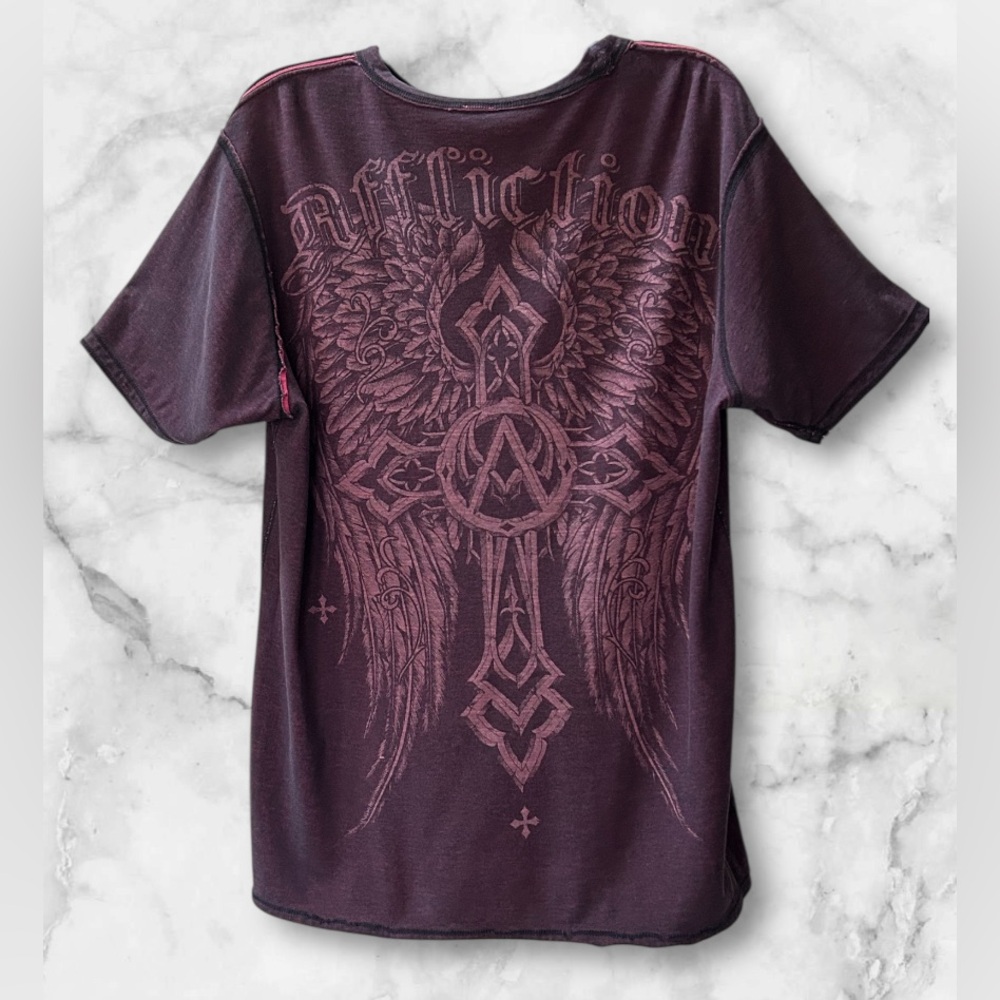 Affliction Seek and Destroy Reversible Graphic Print Burgundy Black Shirt Sz XL - Picture 4 of 11